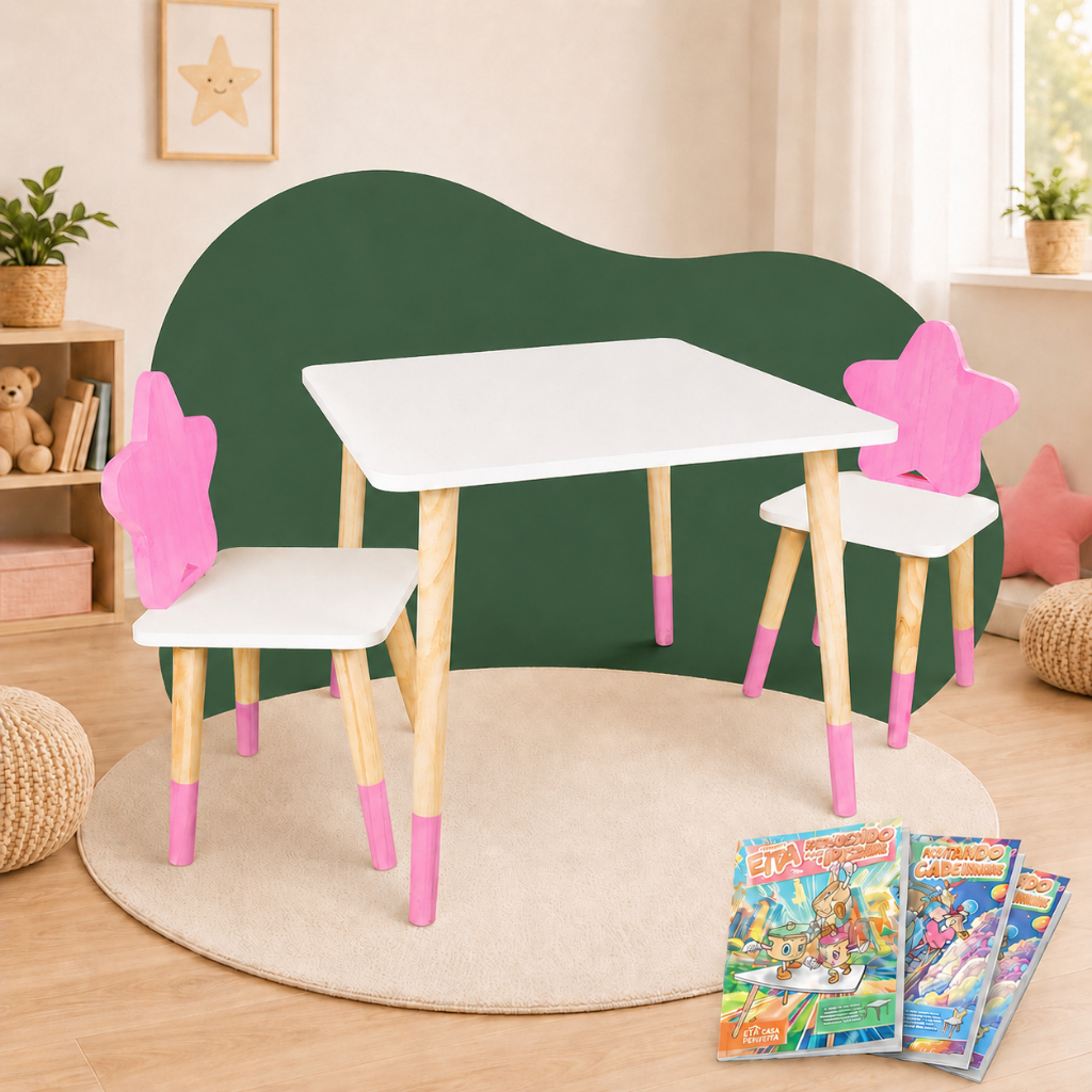 Mesa 2 Cadeiras Infantil Estrela Madeira Brinquedo Pedagógico Mobiliário Quarto Kit Livro Educativo