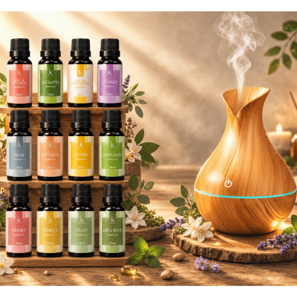 Kit Umidificador de Ar Vaso + 3 Essências Sortidas Hidrossolúvel Difusor de Aromas Relaxantes