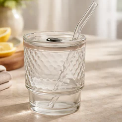 Copo De Vidro Transparente Com Canudo e Tampa 400ml Hauskraft