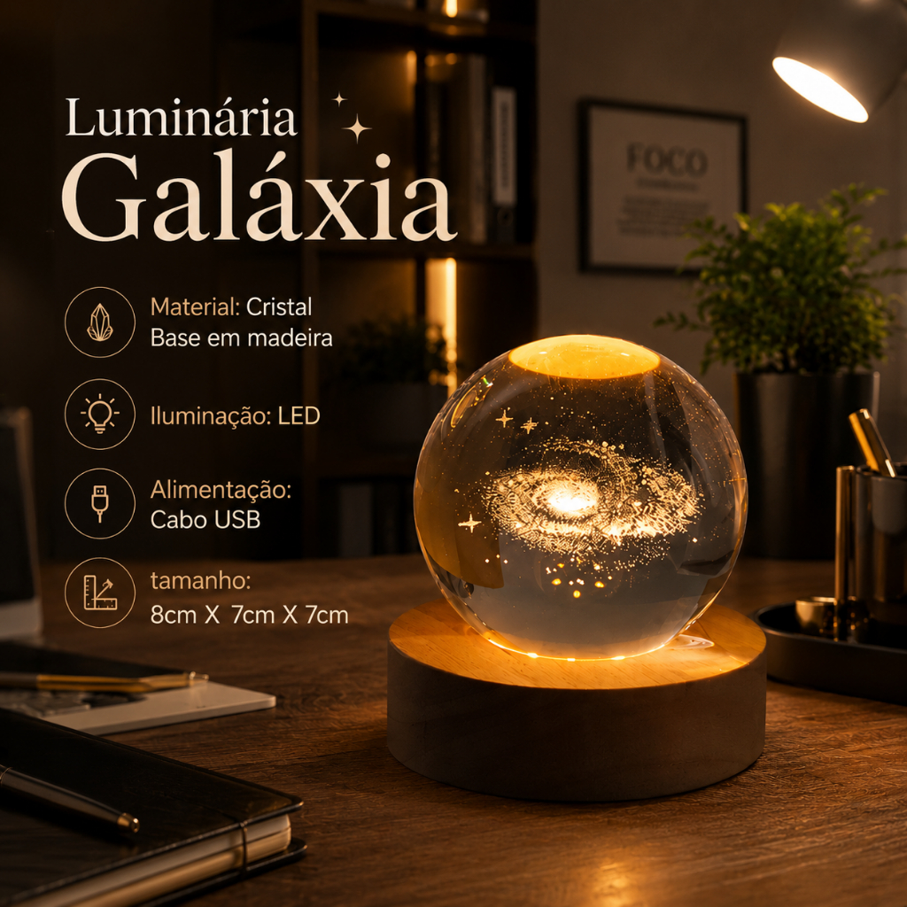 ✨🌌 Luminária Bola de Cristal Galáxia LED USB  Projetor Céu Estrelado 360° Rotativo Abajur Decorativo