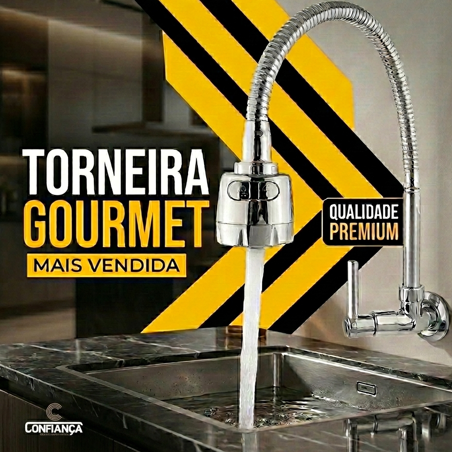 Torneira Gourmet Cozinha Parede Pia Toda 100% de Metal Inox Flexível 1/4 de volta Cód. 3065