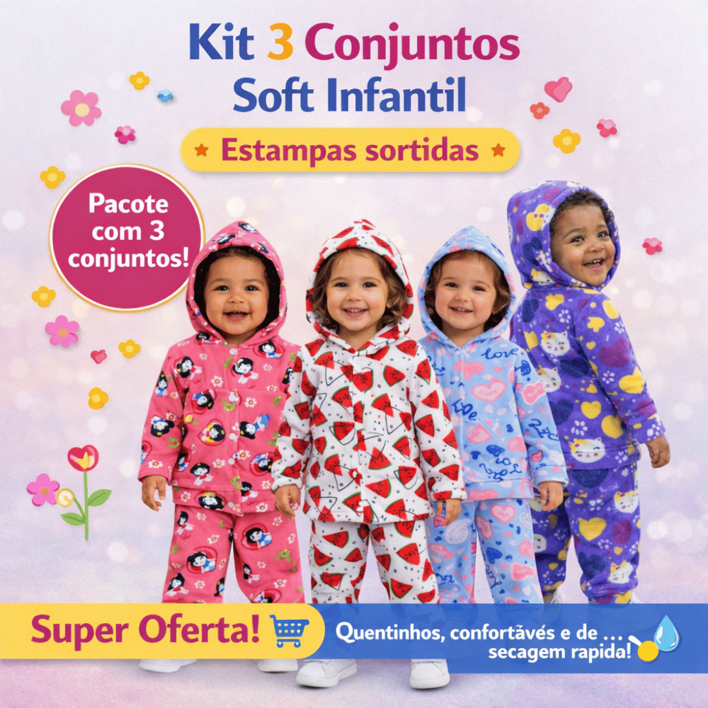 Kit 3 Conjuntos Soft Infantil com Gorro Estampas Sortidas, Confortáveis e de Secagem Rápida P AO 3