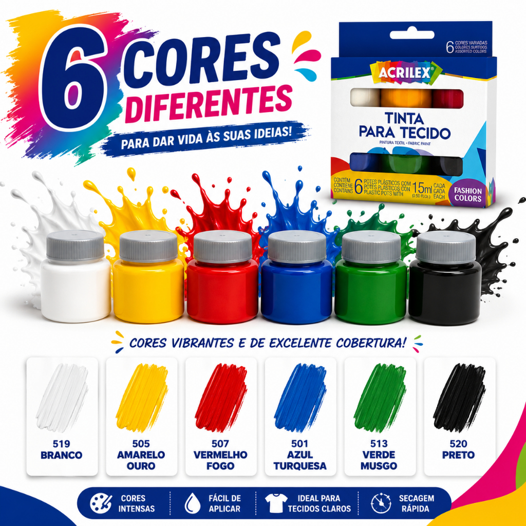 Tintas Para Tecido 6 Cores Artesanato Pintura Arte Customização Cores Intensa Não Tóxico — imagem 2 de 2