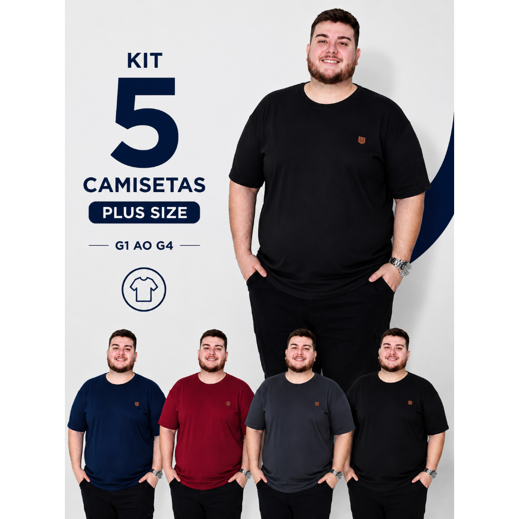 Kit 5 Camisetas Plus Size Masculina G1 ao G4 | Gola Redonda | Camisa Básica Moda Maior Gola O