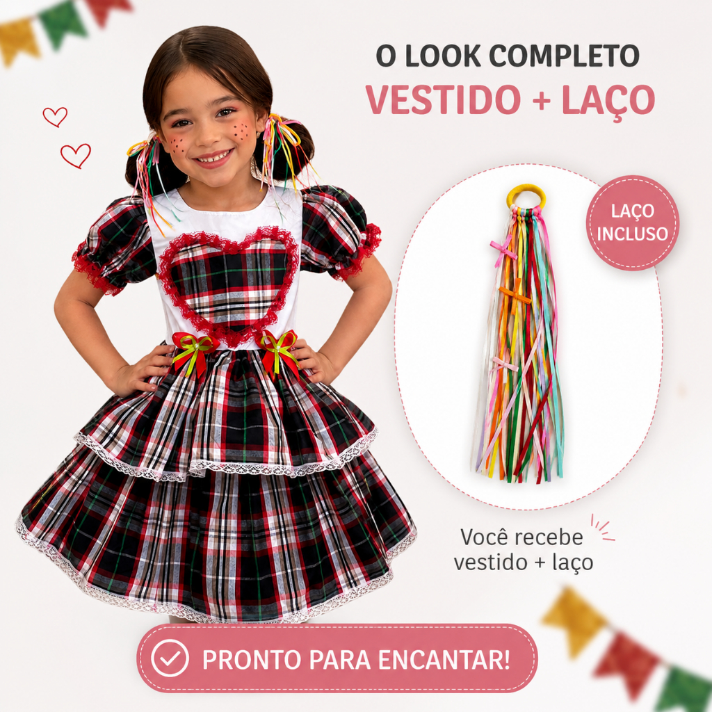 Vestido Junino com Xuxinha Infantil Festa Junina Junino Look Caipira Vestido Xadrez São João Vestido Julino
