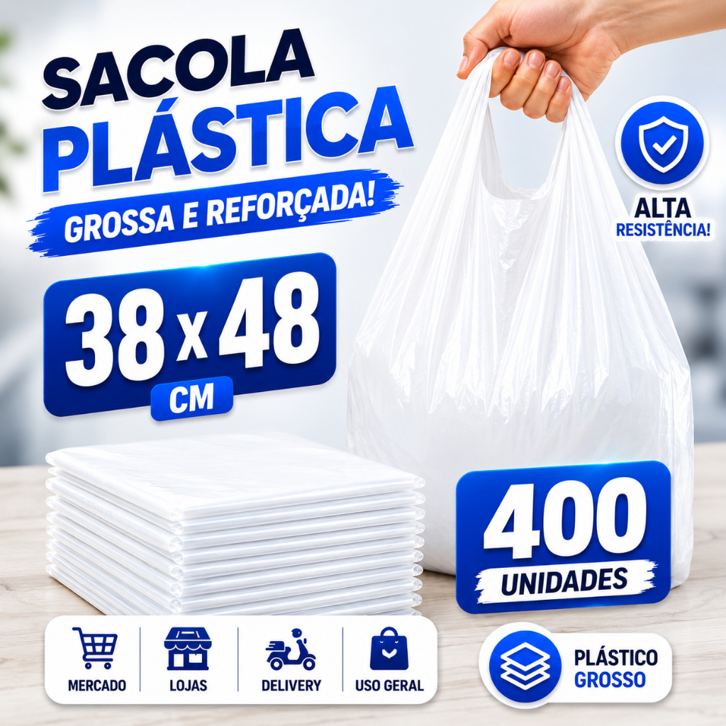 400 Sacolas Plásticas Brancas Reforçadas 38x48 Alta Resistência Mercado Delivery Loja