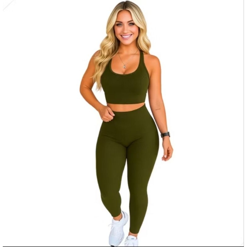 Conjunto Fitness Feminino Canelado Sem Costura – Top + Legging Alta Compressão