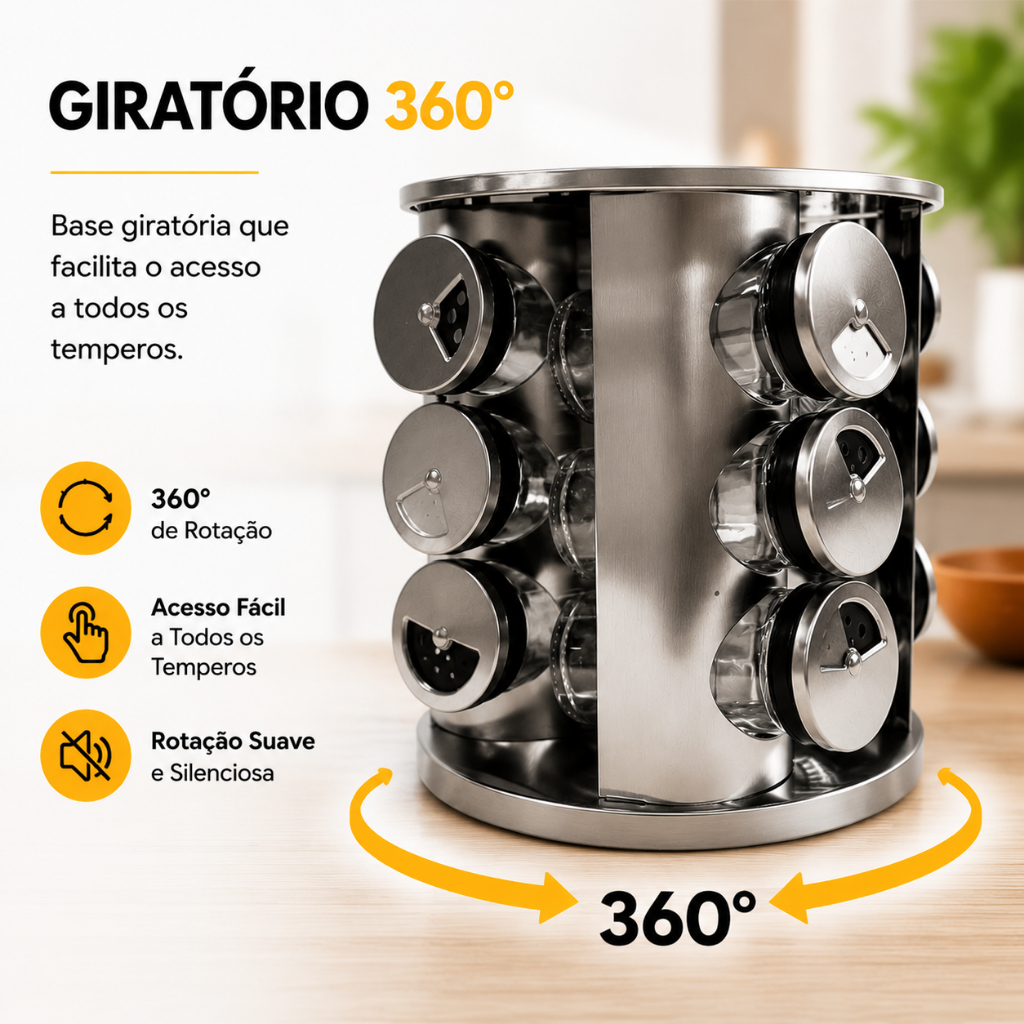 Porta Condimentos INOX 12 Potes Vidro Base 360° Cozinha Giratório Premium