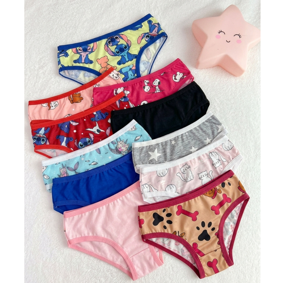 Kit Calcinhas Infantil Feminina Confortável Estampadas Com Forro Algodão Diversos Modelos