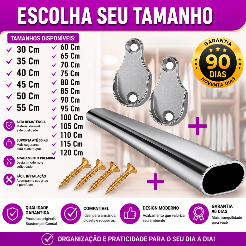 Kit Tubo Cabideiro Oval Cromado Arara Guarda Roupa Closet Com Suportes 20 a 120cm