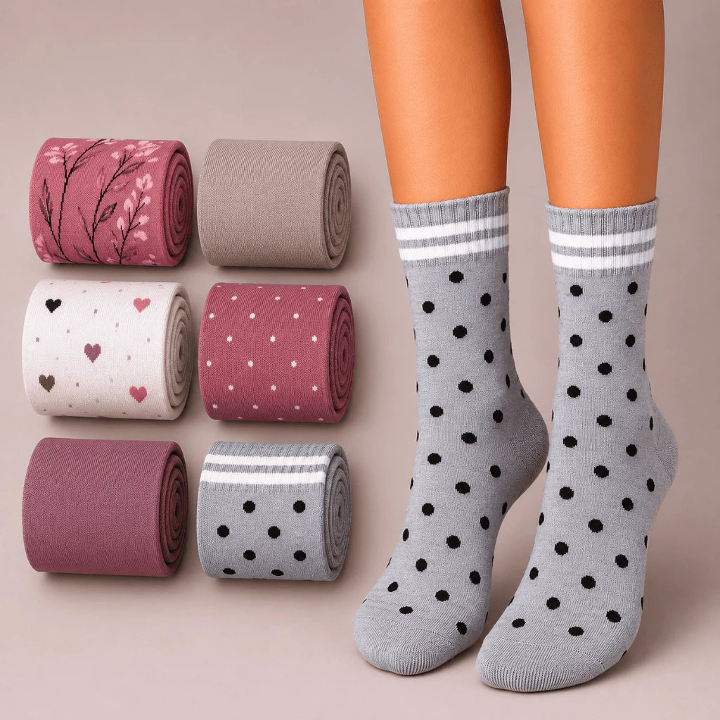 Kit 6 Pares de Meia Feminina Cano Alto Tecido de Algodão Confortável e Macio Estampas e Cores Sortidas — imagem 1