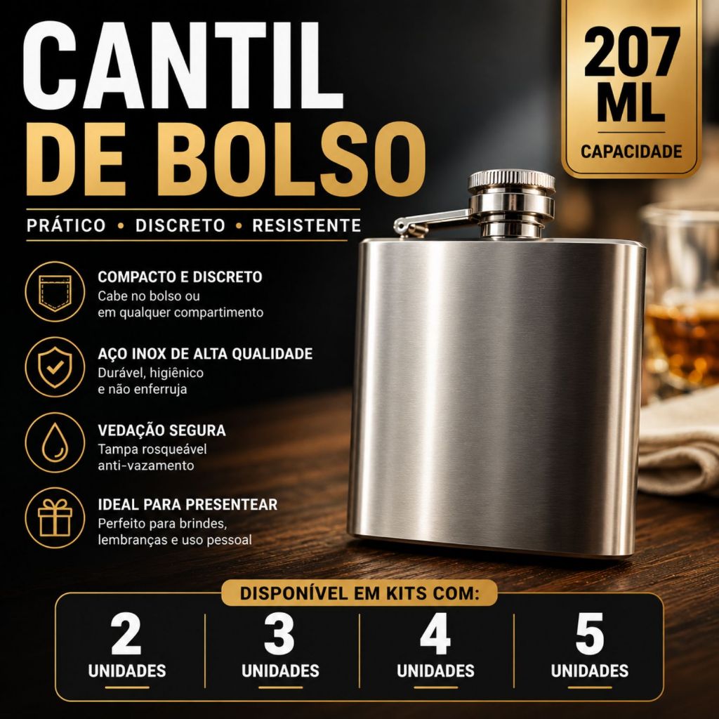 Kit Cantil De Bolso 207ml Porta Bebida Aço Inox 7Oz Não Realizamos Personalização