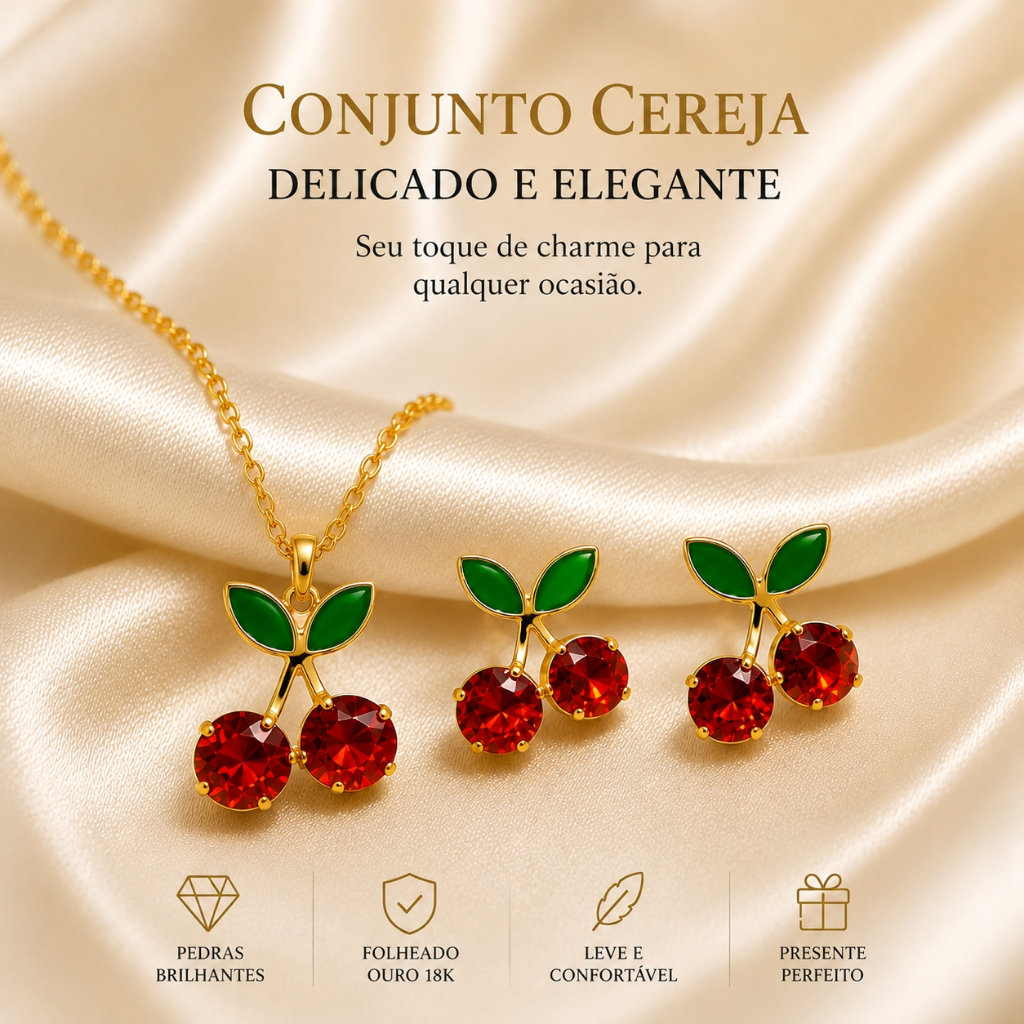 Conjunto Colar e Brinco Cereja Feminino - Cherry Folheado a Prata 925 e Ouro 18K