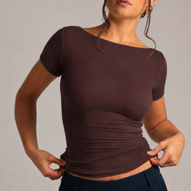 Blusa T-Shirt Dupla Face Decote Nas Costas Fibra Natural Malha Viscolycra Autoral Duplo Duas Cores