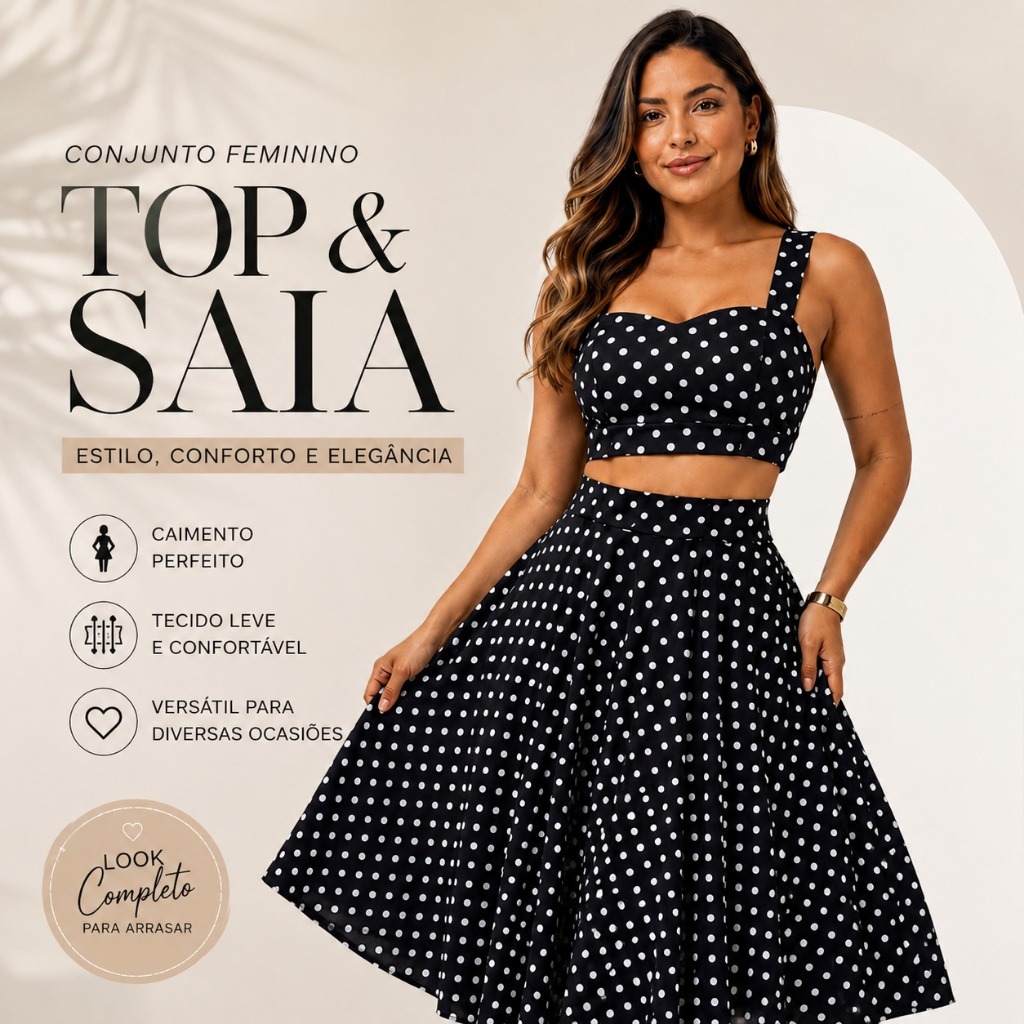 KIT Anos 60/80 Saia Midi Poá Xadrez e Top Cropped Feminino Elegante Fantasia Casamento Festas