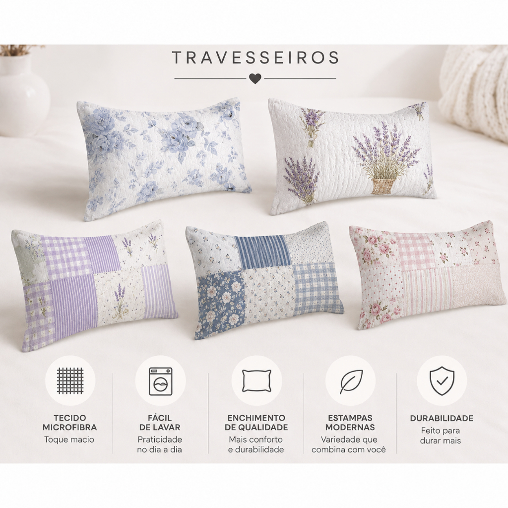 Kit 5 Travesseiros Matelado Grande Fofo Cheio e Estampado