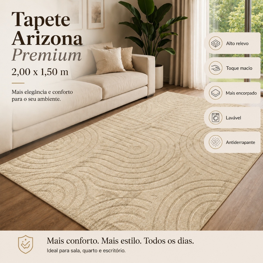 Tapete Sala 2,00x1,50 Alto Relevo Moderno Premium Macio Antiderrapante Quarto Decorativo Bege
