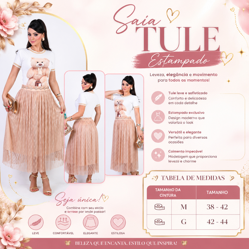 Saia Tule Floral Midi Feminina Moda Evangélica Moderna Elegante Maravilhosa para Culto e Congresso