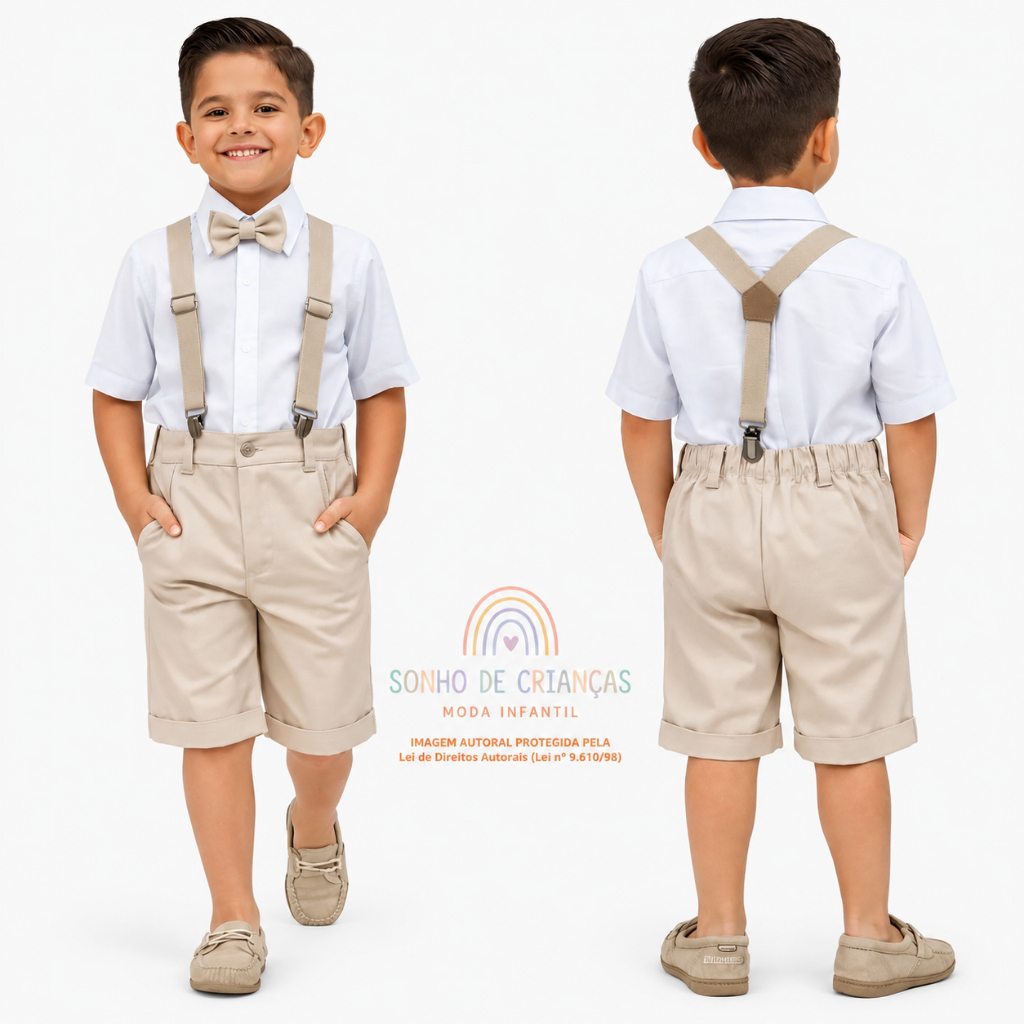 Conjunto Social Infantil Menino Bege com Suspensório e Gravata Casamento Batizado