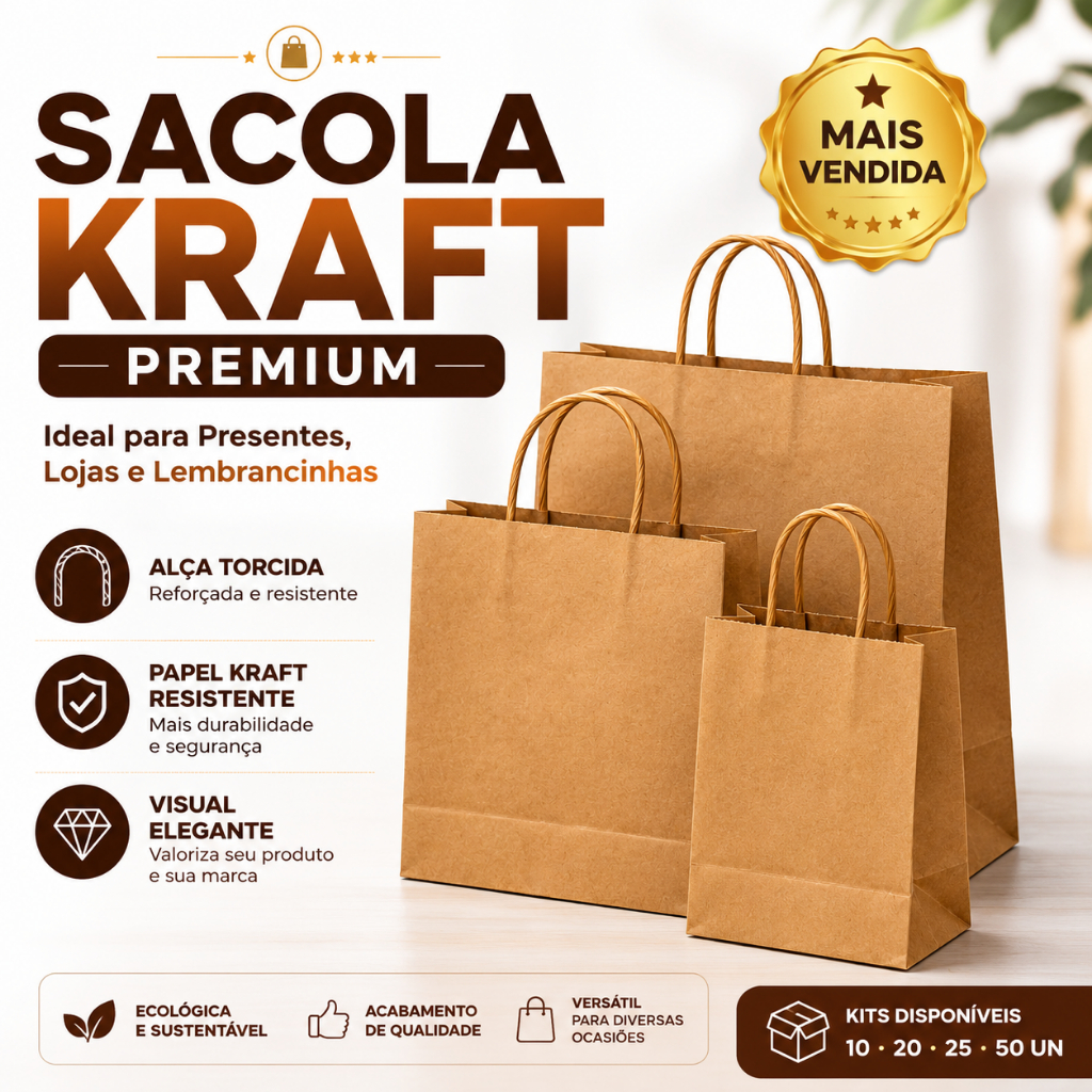 SACOLA KRAFT COM ALÇA TORCIDA REFORÇADA Bolsa de Papel para Presente, Loja e Lembrancinha