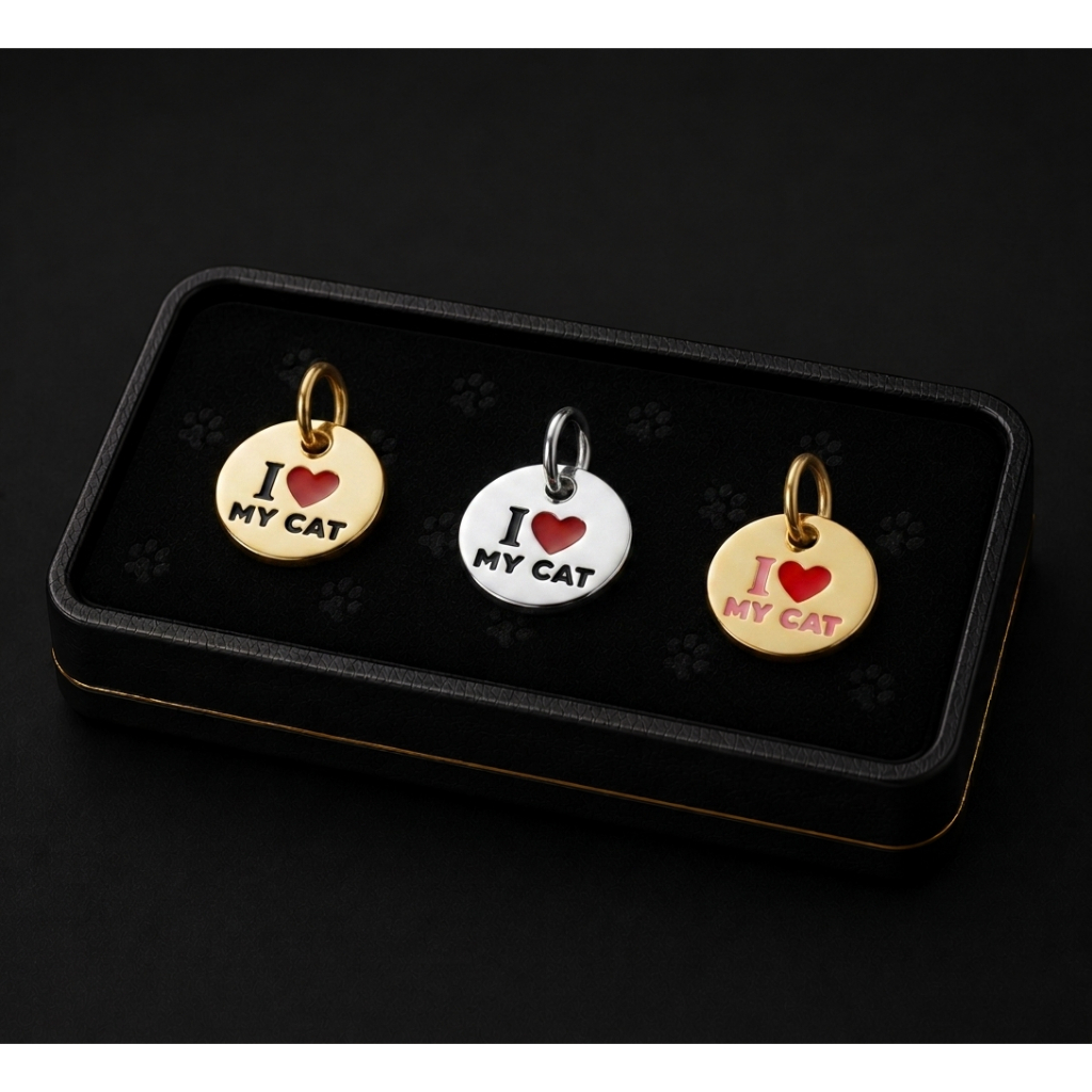 Pingente "I LOVE MY CAT" Medalha Plaquinha Indentificação Etiqueta Dourada e Prateada Acessório Pet