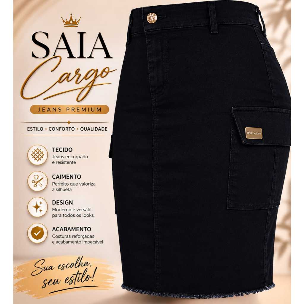 Saia Midi Jeans Preta Com Elastano Lycra Bolso Cargo Moda Evangélica Secretária Lápis Premium Lançamento