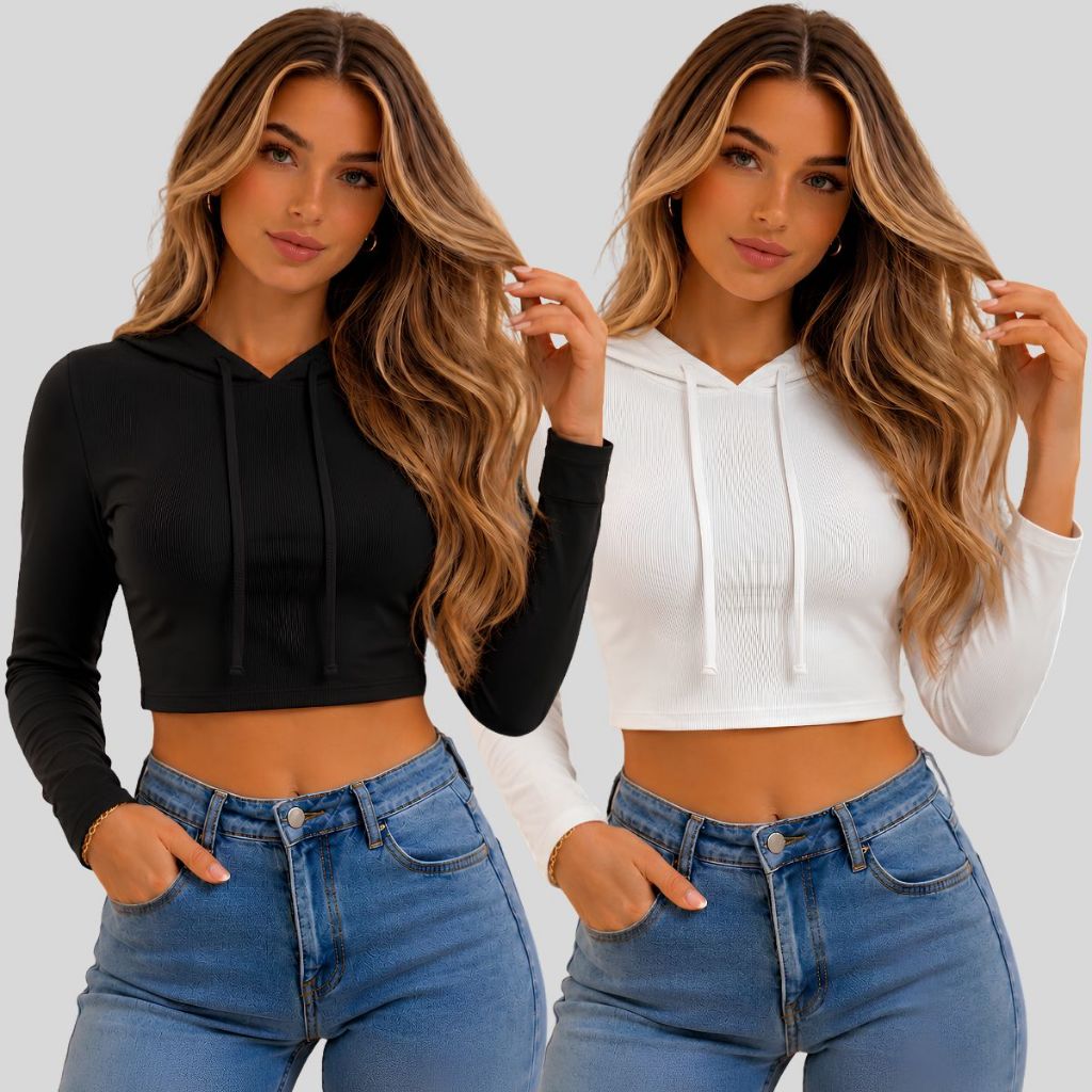 Blusa Cropped Feminina com Capuz e Manga Longa Moda Inverno Confortável Look Casual