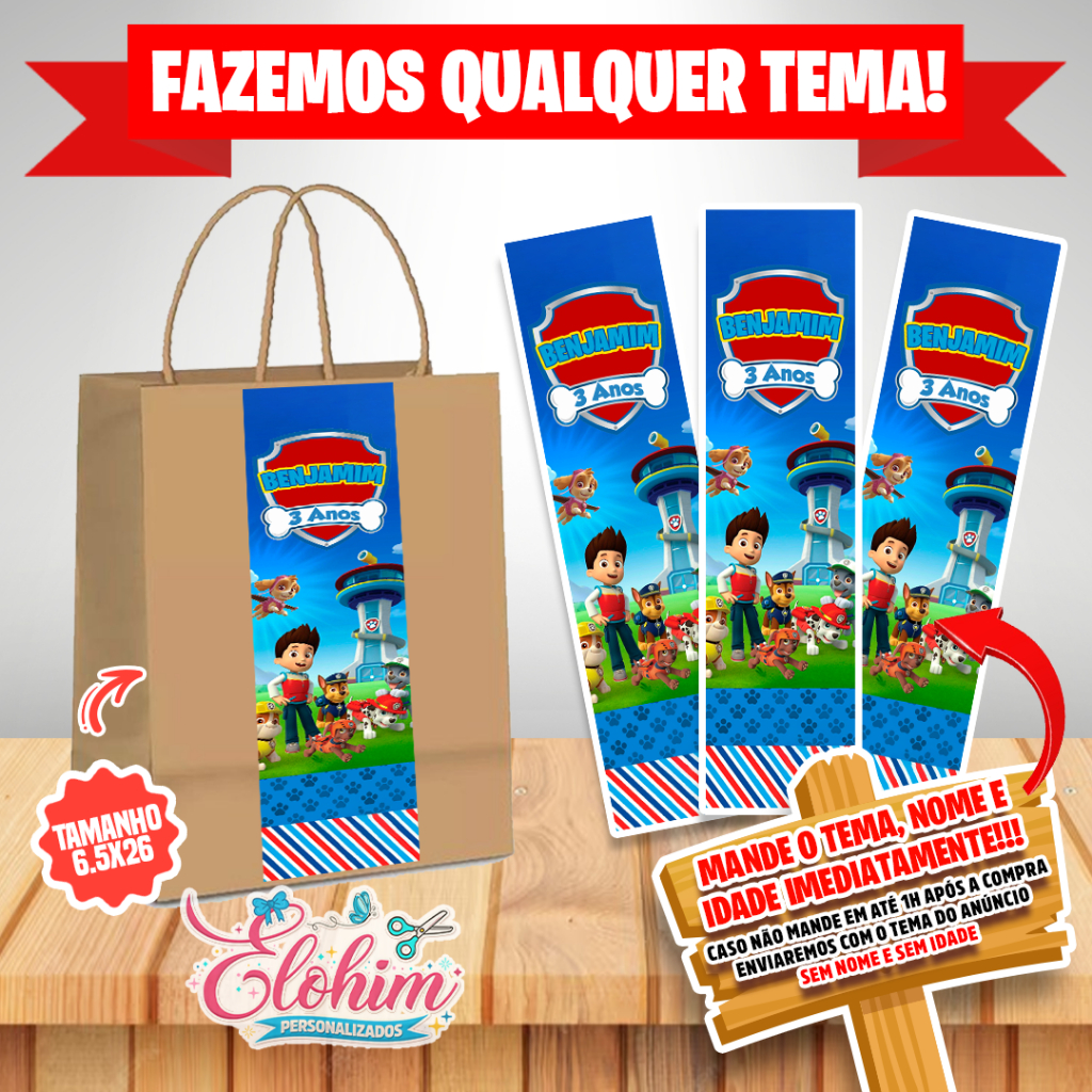 Rótulo Adesivo para personalizar sacolas Kraft / Craft tamanho do adesivo 6,5x26 - Patrulha canina