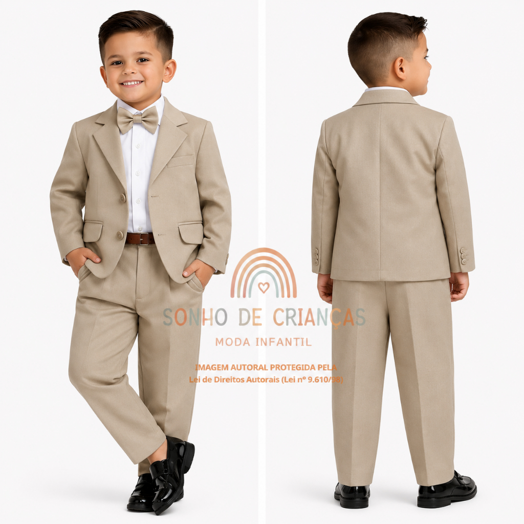 Conjunto Social Infantil Masculino Bege Terno com Blazer Camisa Calça Gravata para Casamento Festa Batizado