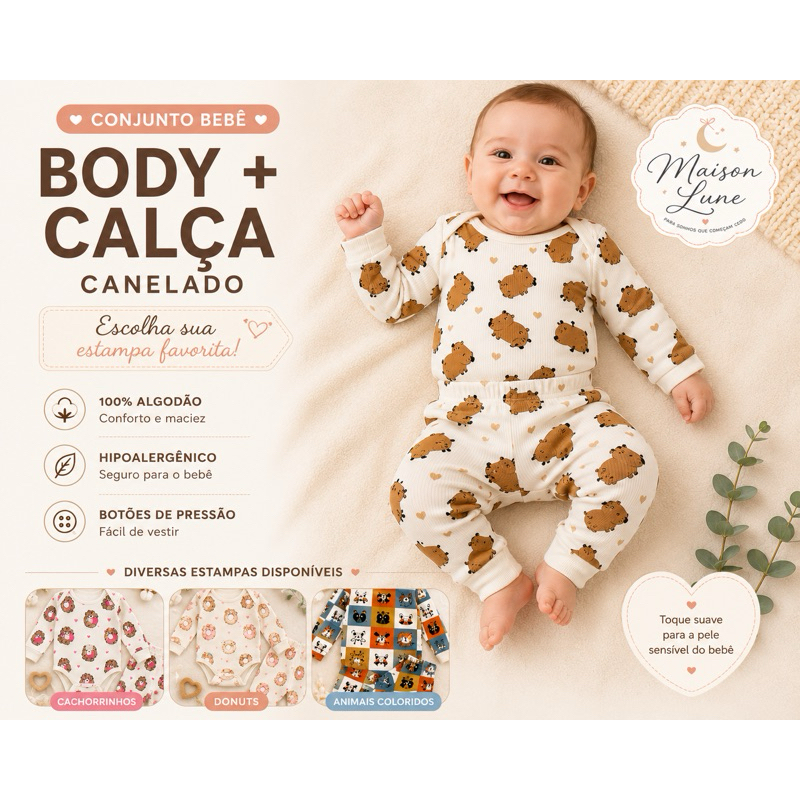 Kit Conjunto Bebê Body e Calça Canelado Inverno manga longa Algodão Estampas Variadas Menino e Menina
