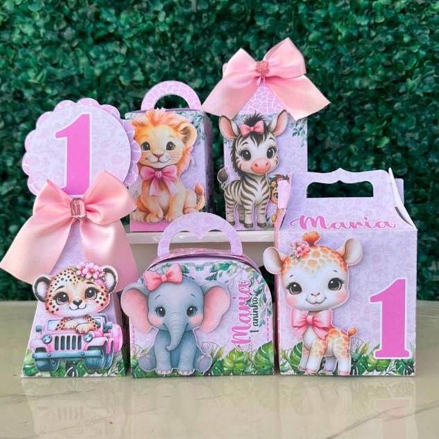 Kit Caixinhas Personalizadas  -  Safari Rosa Baby -  Lembrancinhas de Aniversário - Pegue & Monte