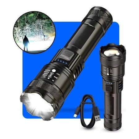 Lanterna Tática Super Potente P50, Recarregável USB, 3 Modos de Luz, À Prova D'água para Camping e Segurança