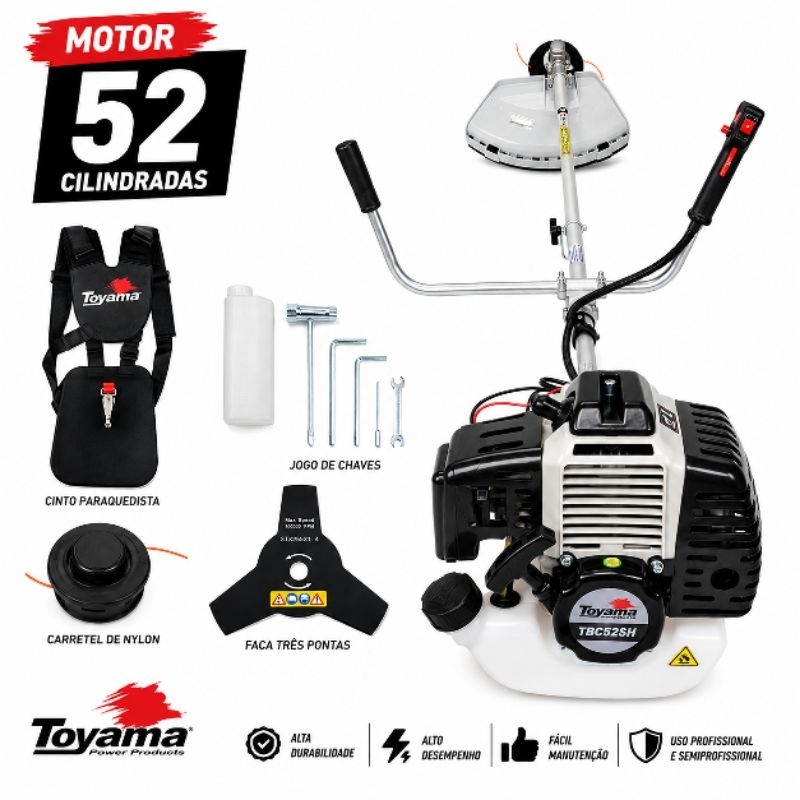 Roçadeira Toyama Tbc52sh Gasolina 2t 52cc Carretel Lamina Cinto misturador e jogo de chaves
