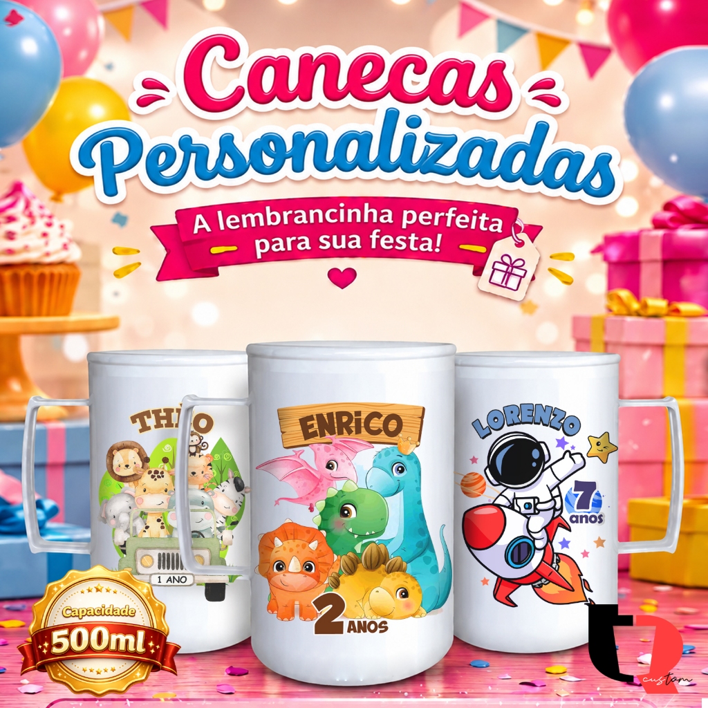 Kit Canecas Acrílico 500ml Personalizadas - Alta Qualidade - Lembrancinha Aniversário Infantil