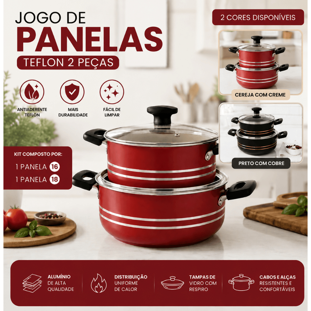 jogo panelas teflon antiaderente 2 peças 16 e 18 revestimento premium nao gruda alimentos