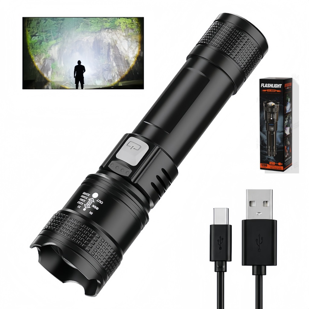 Lanterna Tática P50 Ultra Brilhante, Recarregável USB, À Prova D'água, Ideal para Camping e Emergência