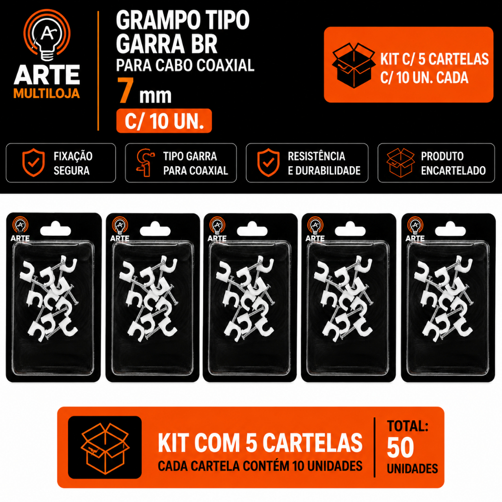 Kit Fixa Fio e Grampo Tipo Garra para Cabos 14x16 e 7mm Organizador de Fios com Prego Alta Fixação Arte Multiloja