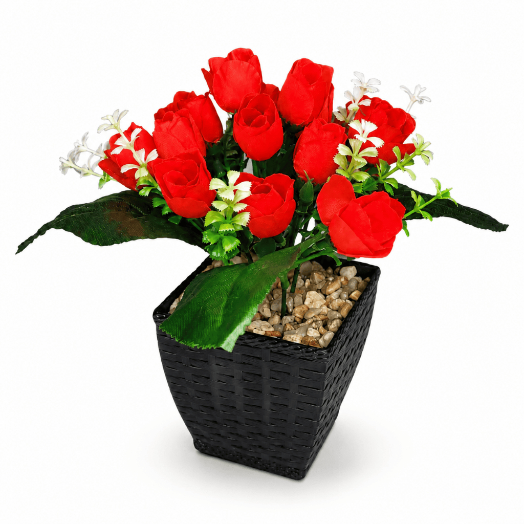 Rosas Artificiais Vermelhas 18cm Arranjo Decorativo Com Vaso Para Sala Mesa Escritório