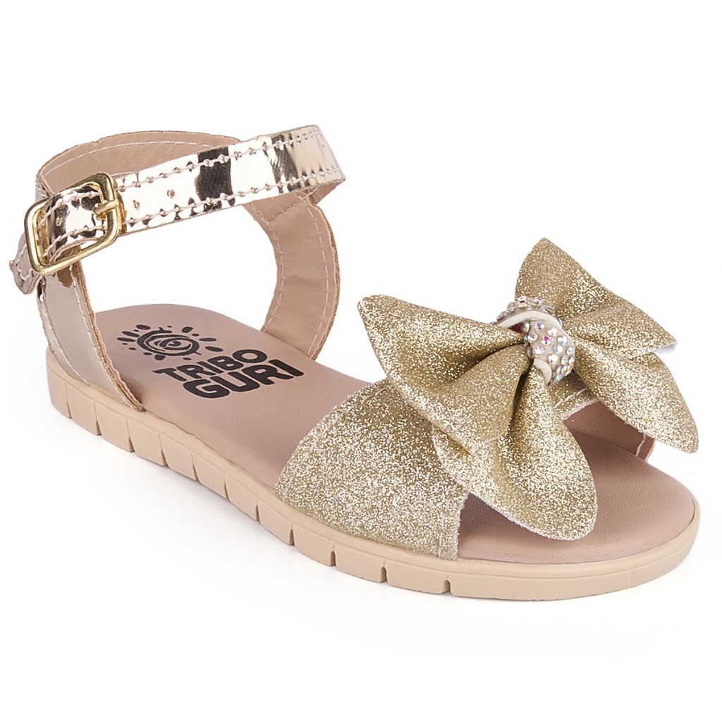 Tribo Guri Sandália com Glitter antiderrapante Laço Tira Ajustável Rosa e Dourado confortável casual