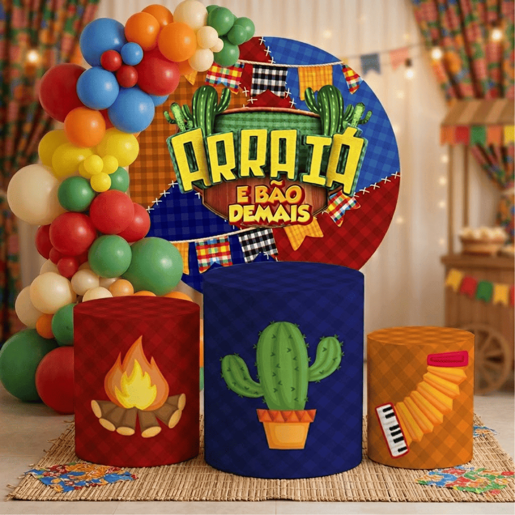 Capas Festiva Festa Junina Arraiá É Bão Demais Painel Redondo Trio Cilindros Decoração Bibi Painéis