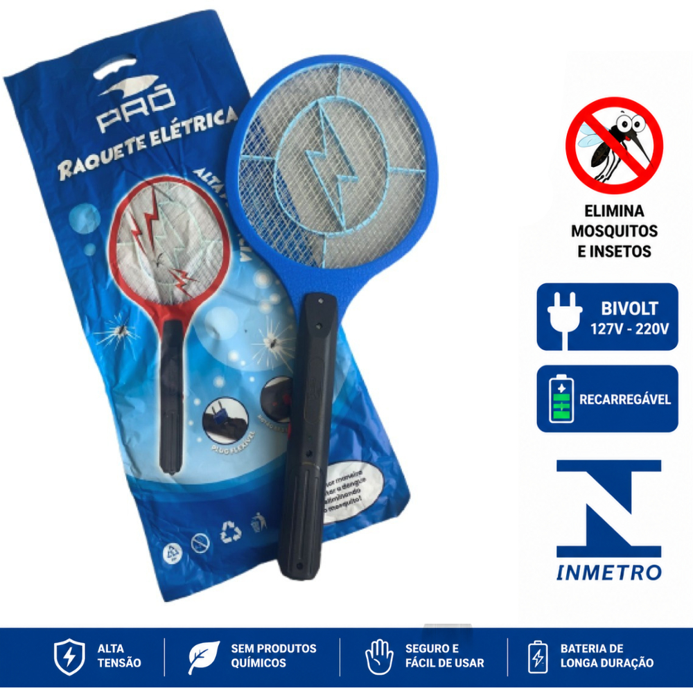 Raquete Elétrica Mata Mosquitos Bivolt 110 e 220 Recarregável Alta Potência Colorida