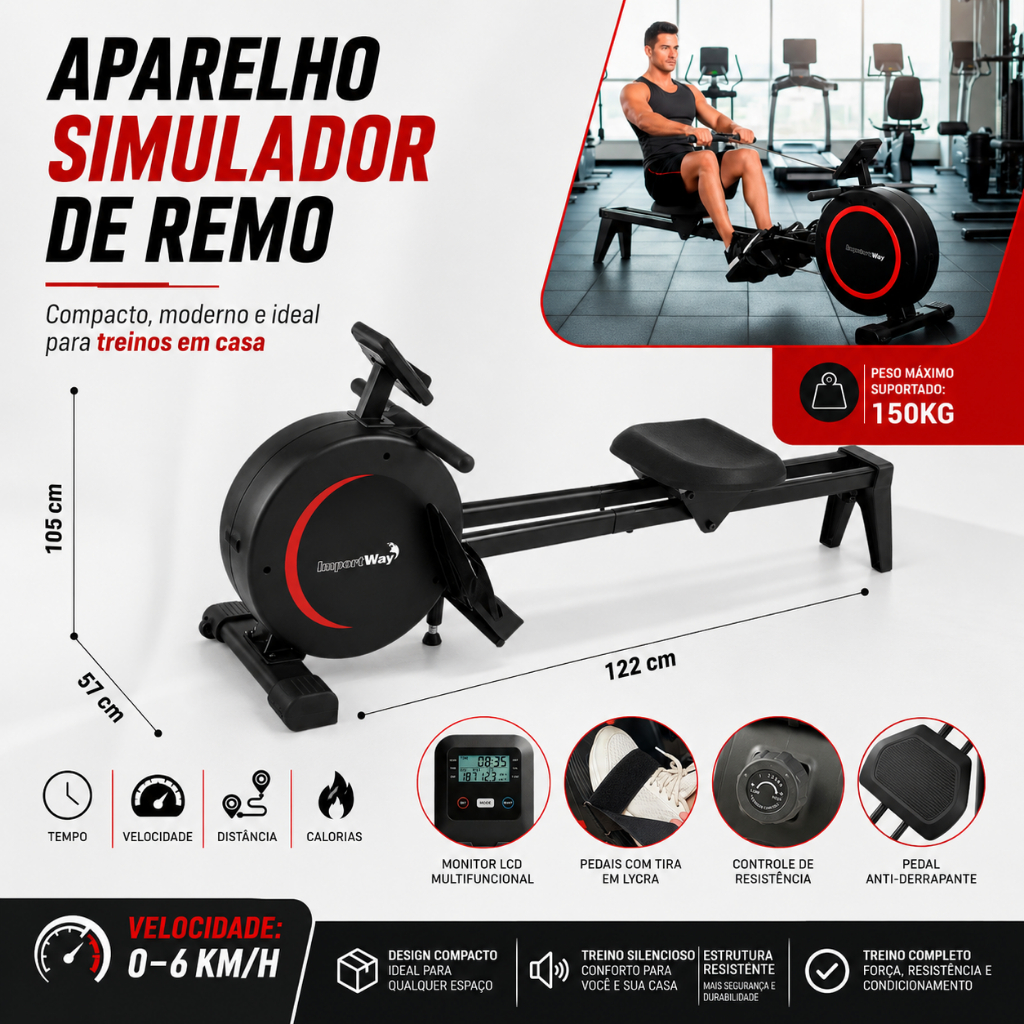 Simulador de Remo Seco Indoor Compacto com Monitor LCD 150kg Importway