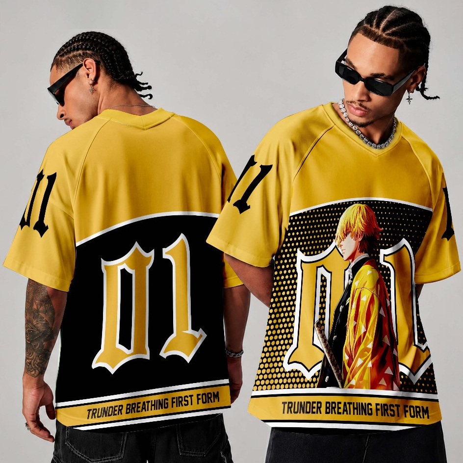 Camiseta Jersey Streetwear Oversized  Zenitsu Anime Demon Slayer Moda Urban Y2k Americano Skatewear