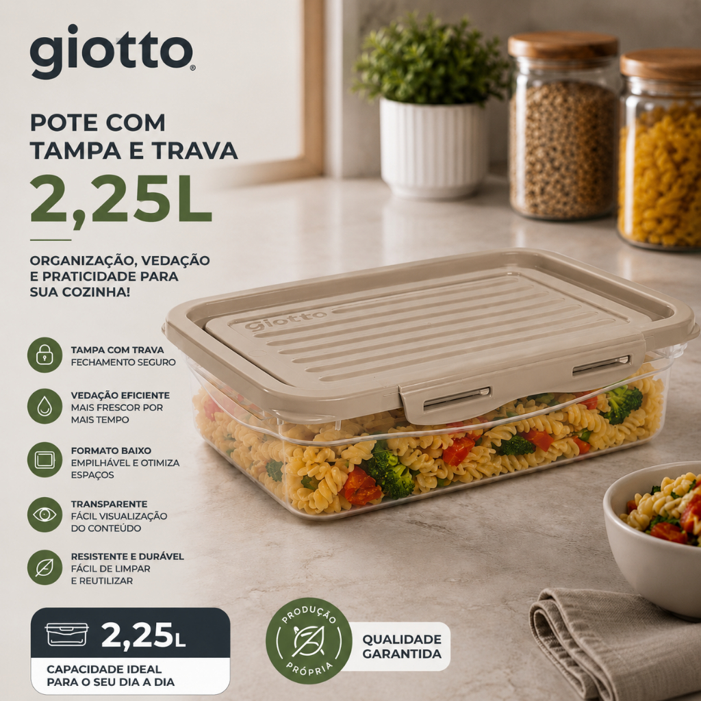 Pote Marmitas Fitness Tampa e Trava 2,25L Camurça Baixo Freezer E Microondas Armazenamento Giotto