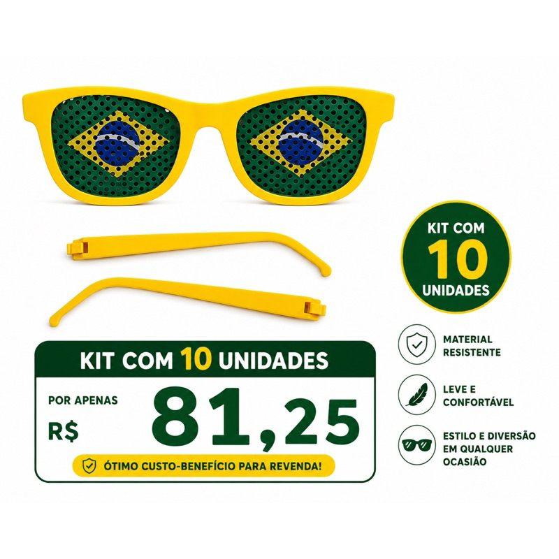 Óculos Brasil Torcida Copa Do Mundo Kit 10 Unidades Festa Evento Futebol Seleção Brasileira