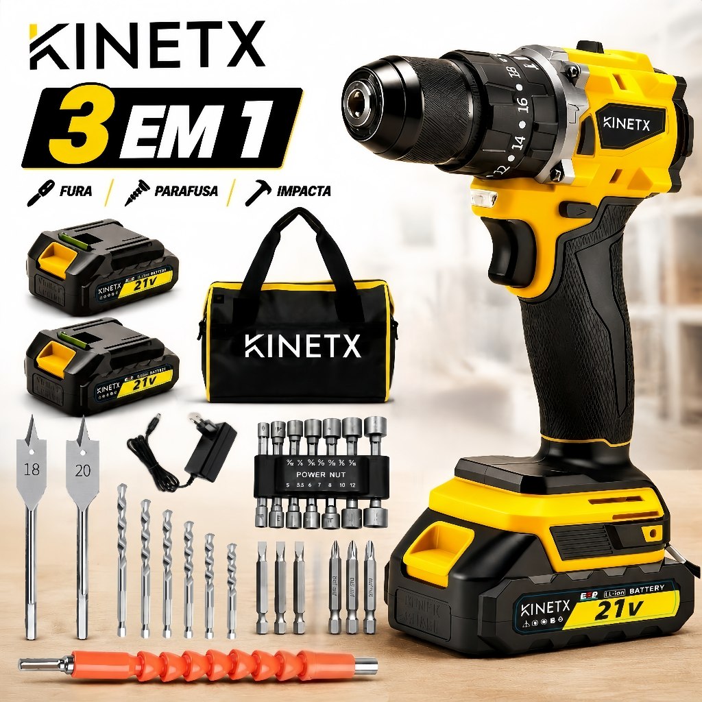 70Nm Motor Sem Escovas Furadeira de Impacto 3 em 1 Profissional 21V Bateria Lítio Kit 33 Peças Com Bolsa KINETX