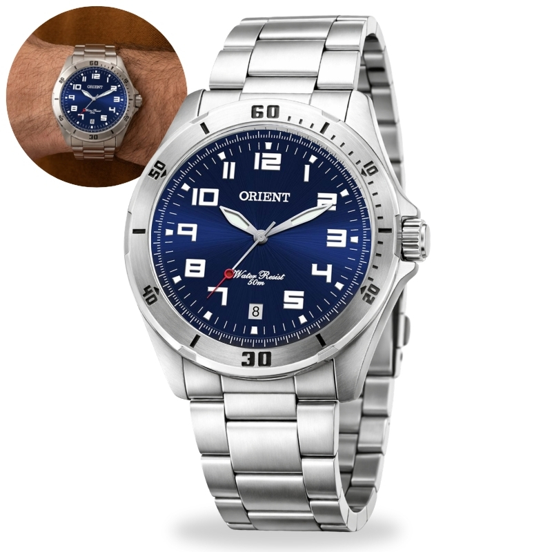 Relógio Orient Analógico Masculino Clássico Prateado Quartz Em Aço Inoxidável Calendário Prova D'água 50 Metros Original