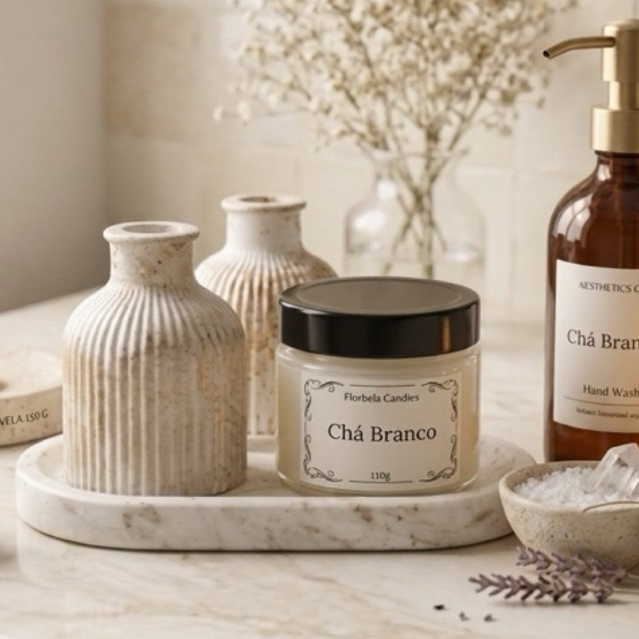 Kit Decoração Vela Aromática Cera de Coco 150g + Bandeja Oval + Vaso | Home Decor Minimalista e Sofisticado