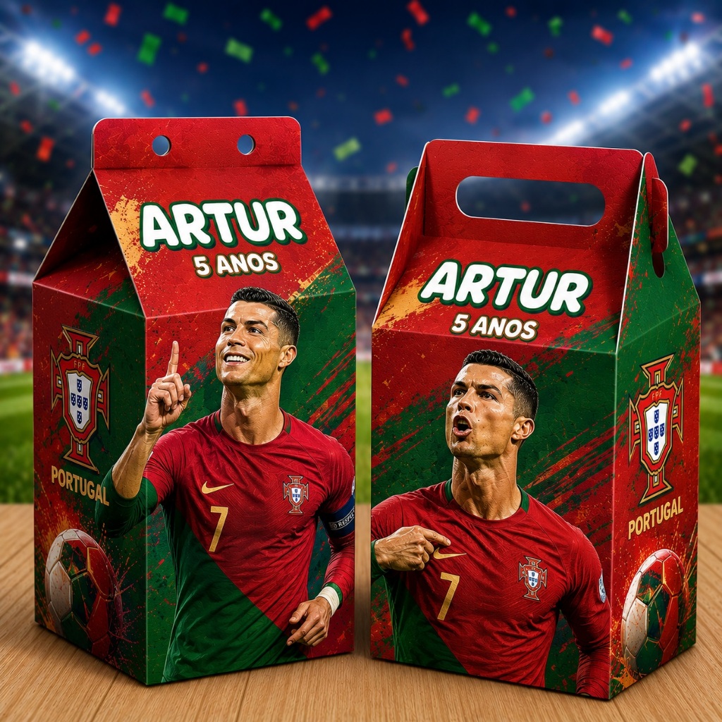 Kit 20 Caixinhas Personalizadas Cristiano Ronaldo (10 Milk 10 Maletinhas) Festa Personalizada - Lembrancinha para Festa