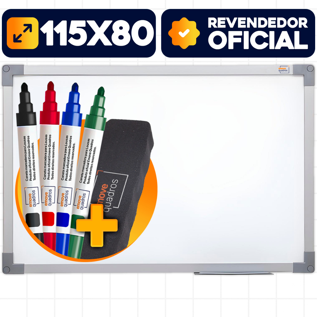 Quadro Branco 115x80 Grande Com 4 Marcadores e Apagador Escolar Lousa Branca Para Anotações Estudo Escritório